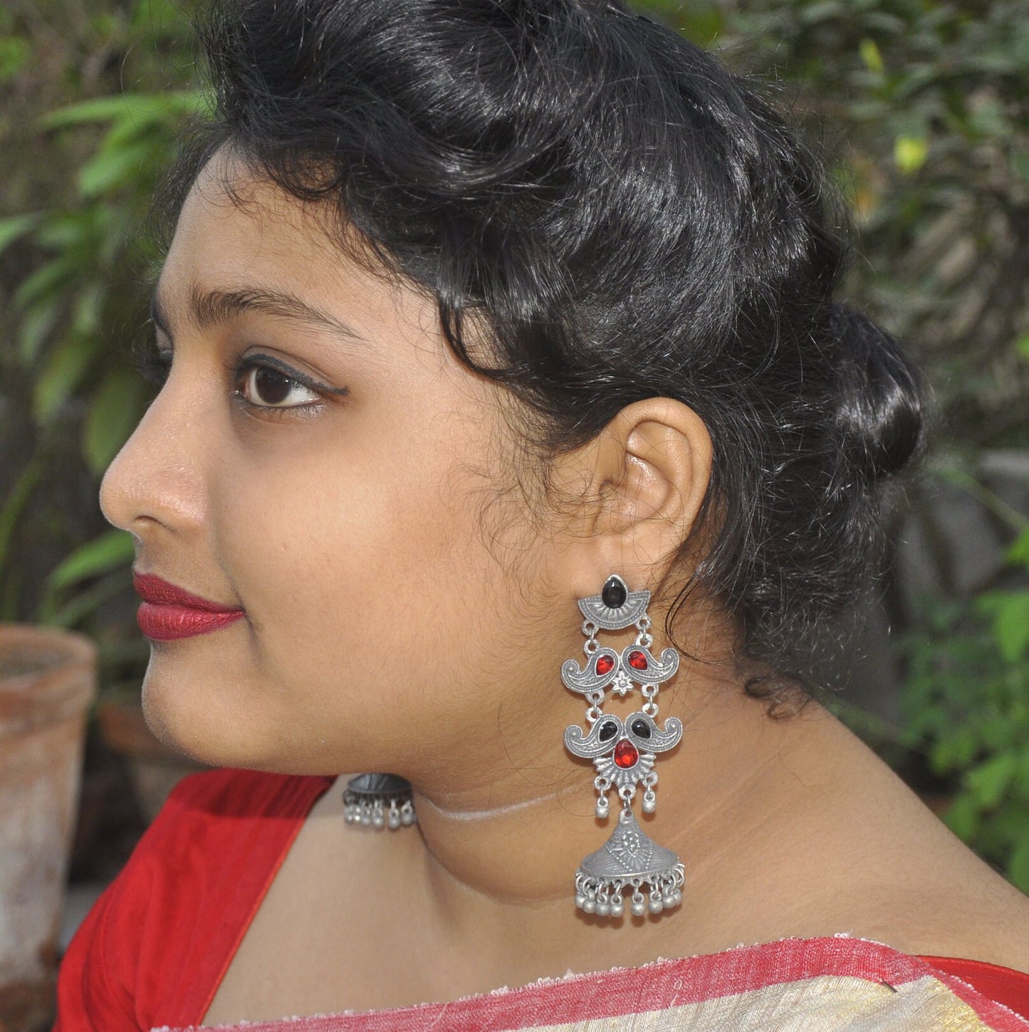 Silver Cherry - Ethnic Black Polish Jhumka Earrings , Red and Black Stone Earring for Womens | Gift for Women | Mothers Day Gift
