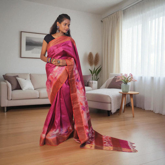 Silk Saree With Blouse Piece, Authentic Zari Tussar Silk Saree with Silk mark Certificate, Hand Paint Silk Saree, Tassar Silk Sari for Women