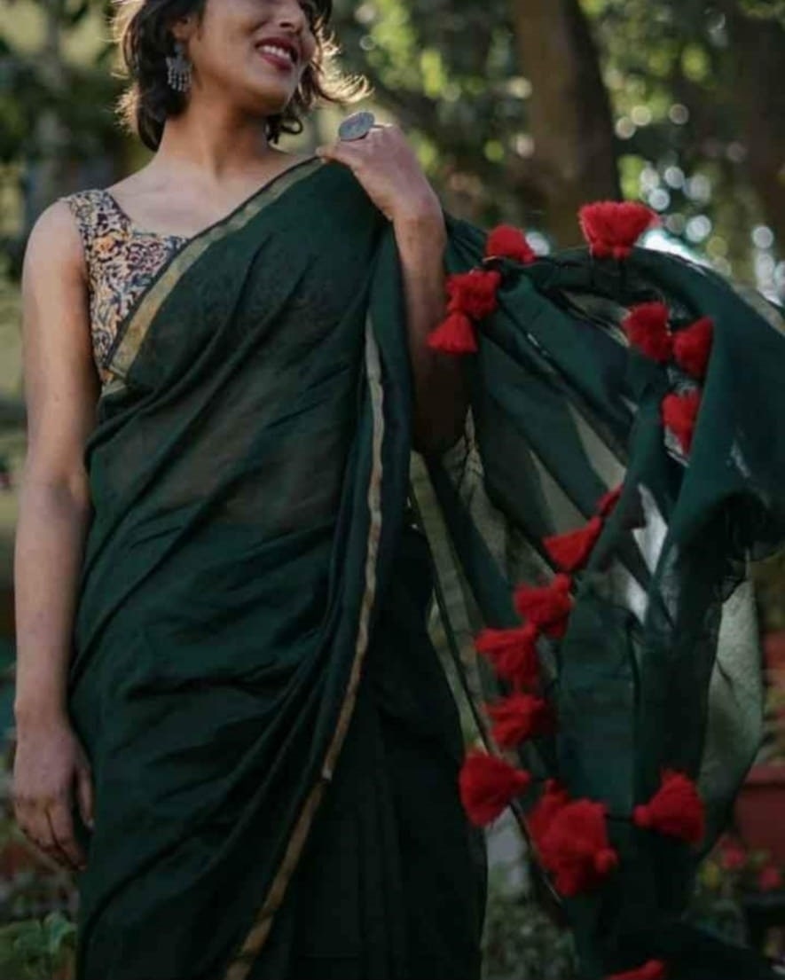 Molmol cotton handloom saree With Zari Border and beautiful Pompom Simple Cotton Sari Gift for Durga puja Diwali