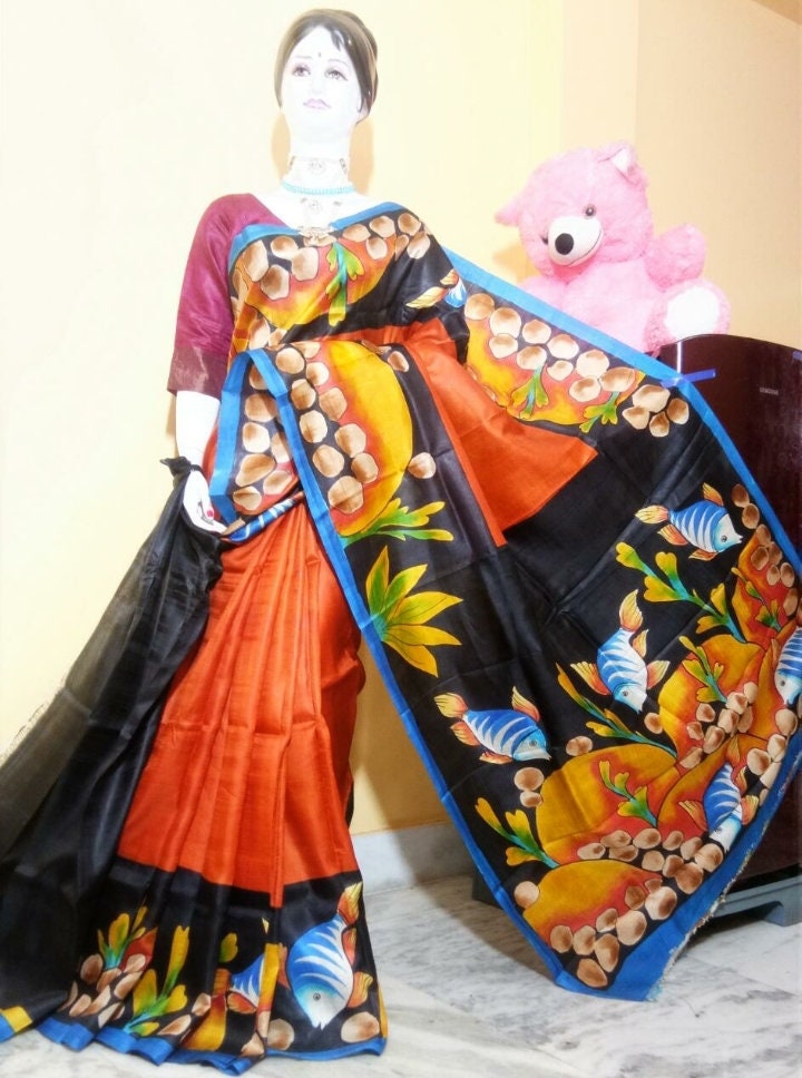 Authentic Murshidabad Silk Saree All Over Hand Paint Work Pure Handloom Soft Murshidabadi Silk Sari With Blouse Piece | Gift For Anniversary