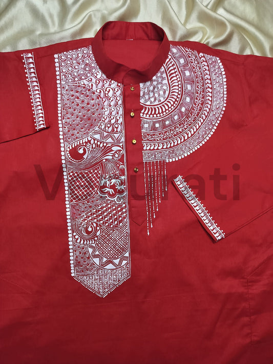 Hand painted Pure Cotton Kurta for Men's, Indian Style Men's Kurta, Handpaint Punjabi for Men's, Gift for Boyfriend