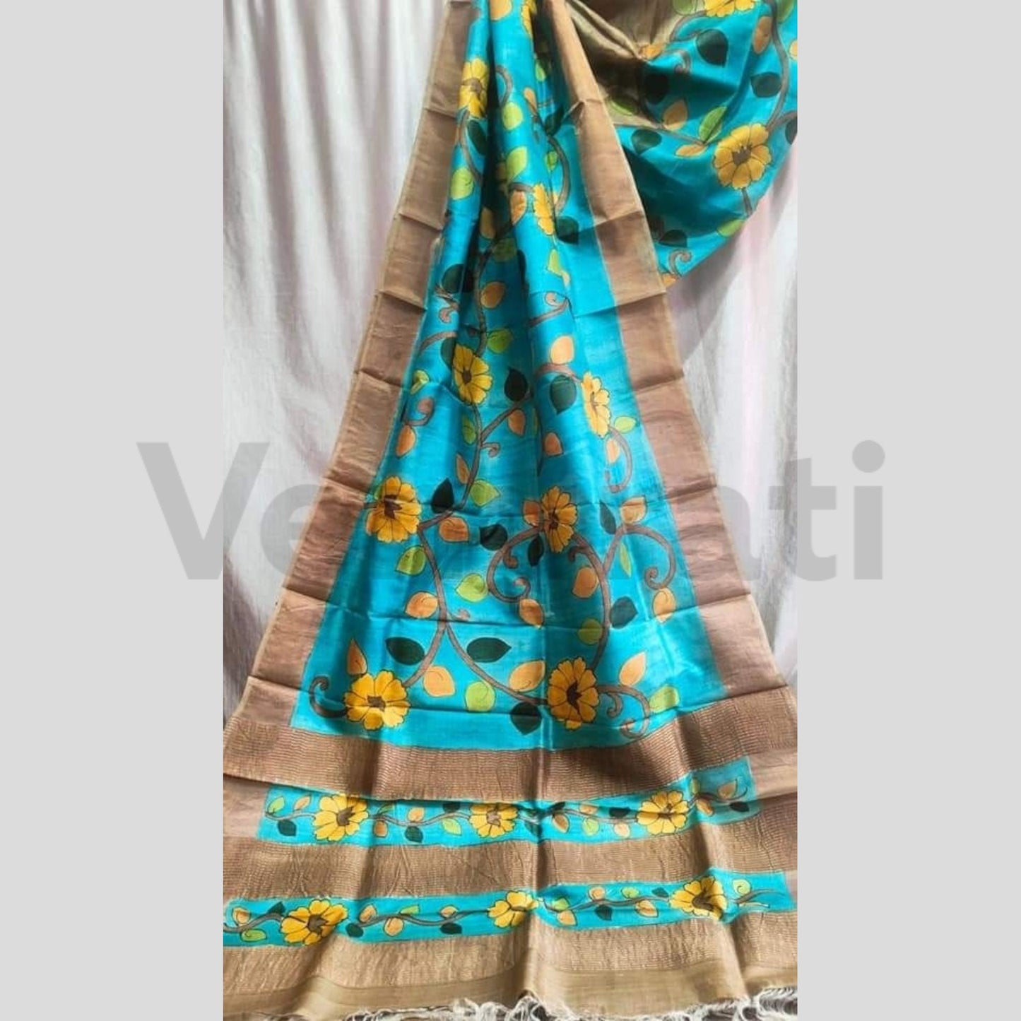 Hand-Painted Jari Tussar Kalamkari Saree, Pure Silk Saree with Silkmark