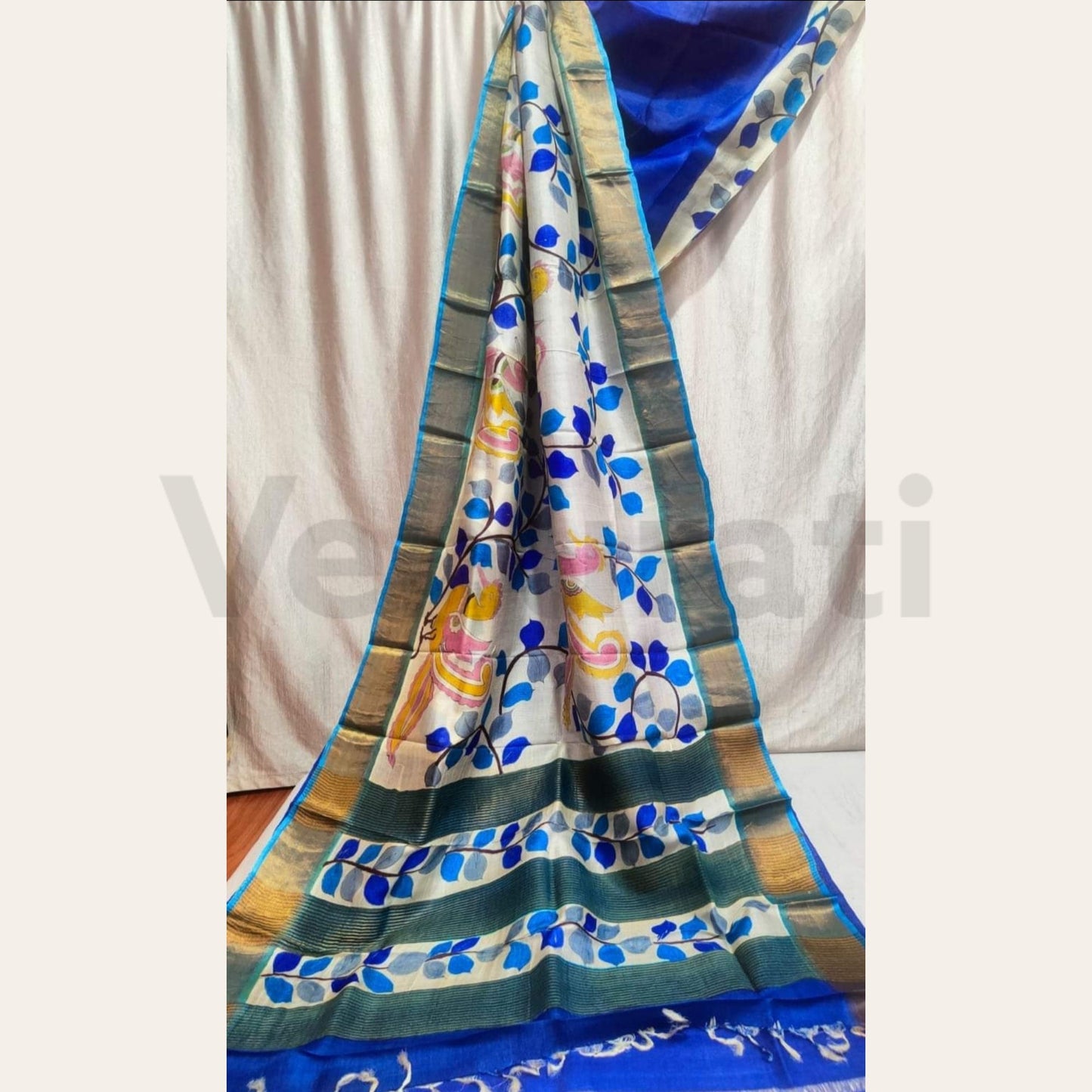 Hand-Painted Jari Tussar Kalamkari Saree, Pure Silk Saree with Silkmark