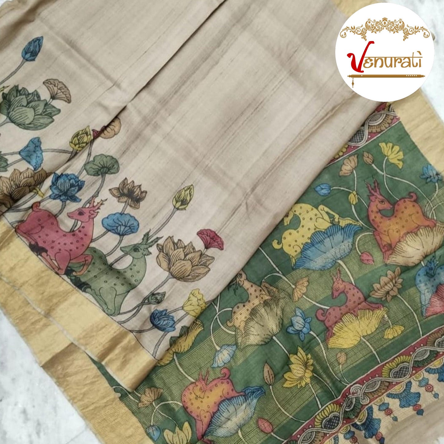 Authentic Zari Tussar Saree Kalamkari Work On Tussar Saree With Blouse Piece SILK MARK CERTIFIED