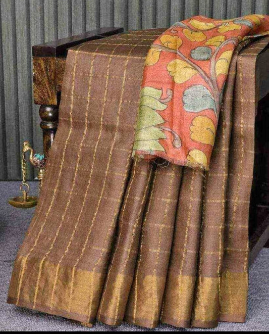Authentic Check Tussar Saree Beautiful Pallu With Hand Painted Kalamkari Work Blouse Piece SILK MARK CERTIFIED Pure Silk Saree Tussar Silk