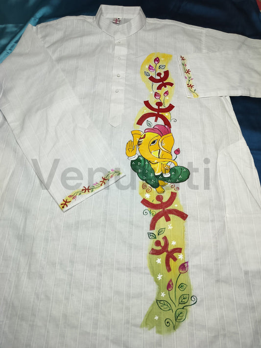Hand painted Pure Cotton Kurta for Men's, Indian Style Men's Kurta, Handpaint Punjabi for Men's, Gift for Dad