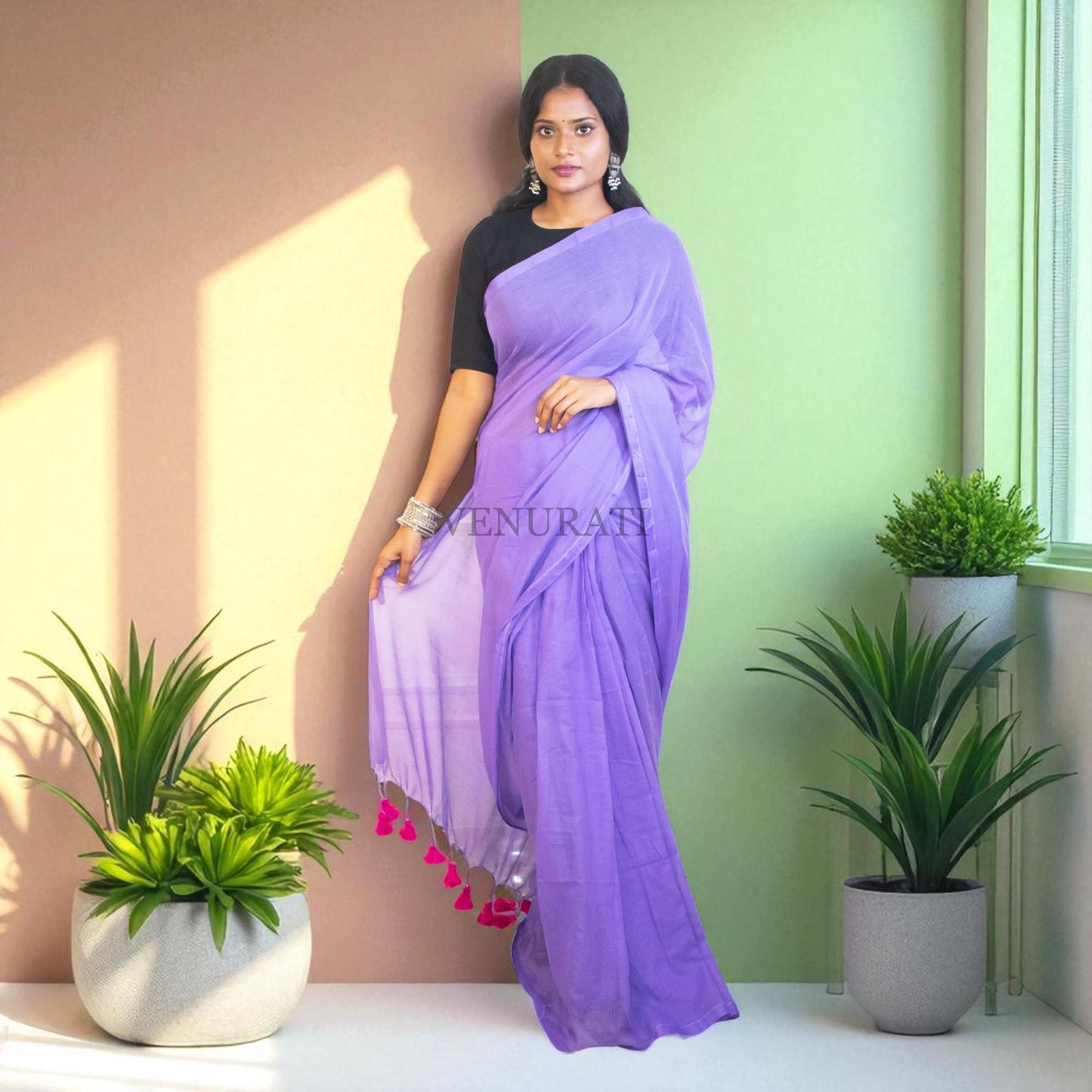Soft Molmol Cotton Handloom Saree for All Season, Casual Cotton Saree with Tassel, Lavender Color Cotton Saree Gift for Durga Puja Diwali