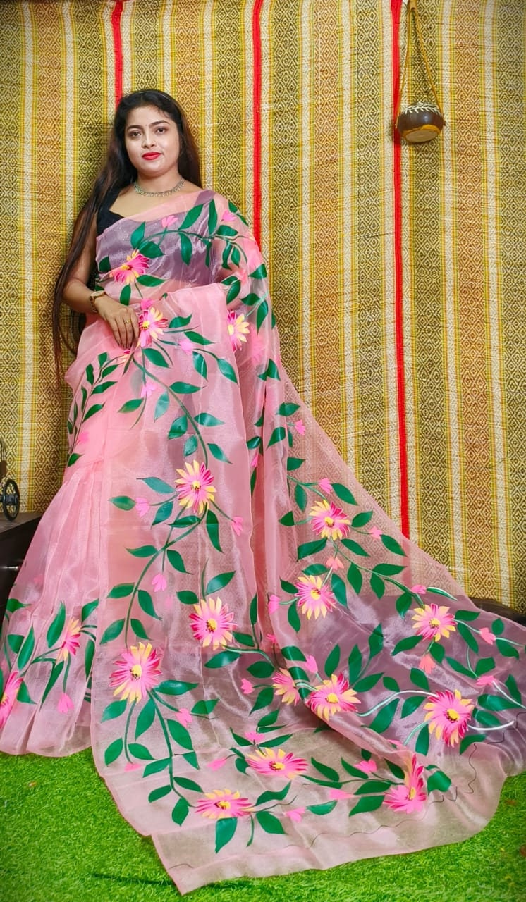 Hand Painted Multicolour Organza Saree, Bollywood Style Party Wear Indian Wedding Saree, Designer Organza Saree, Transparent Saree