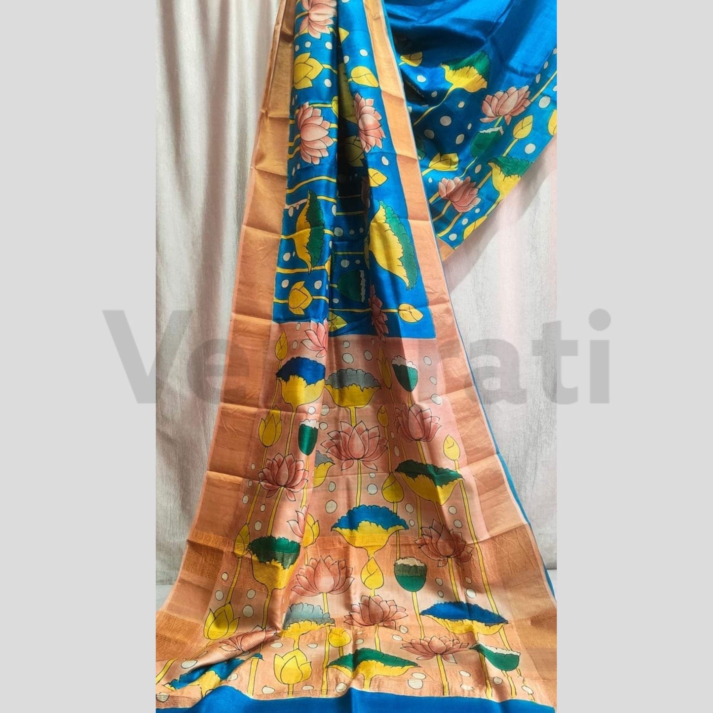 Hand-Painted Jari Tussar Kalamkari Saree, Pure Silk Saree with Silkmark