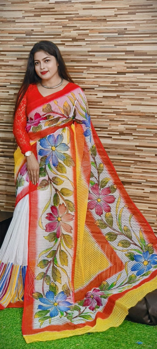 Bengal's Hand Painted Resham Kota Saree for Women's, Full Body Floral Painted Resham Kota Doriya Saree, Designer Bollywood Saree by VENURATI