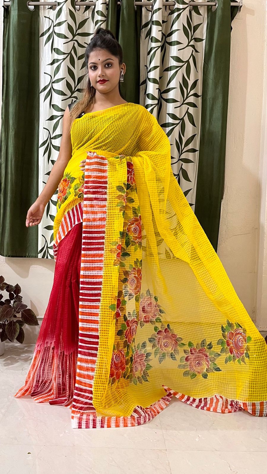 Bengal's Hand Painted Resham Kota Saree for Women's, Full Body Floral Painted Resham Kota Doriya Saree, Designer Bollywood Saree by VENURATI