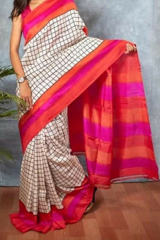 Authentic Murshidabad Silk Saree Designer Block Print Pure Handloom Soft Murshidabadi Silk Sari With Blouse Piece | Lal Par Sada Saree