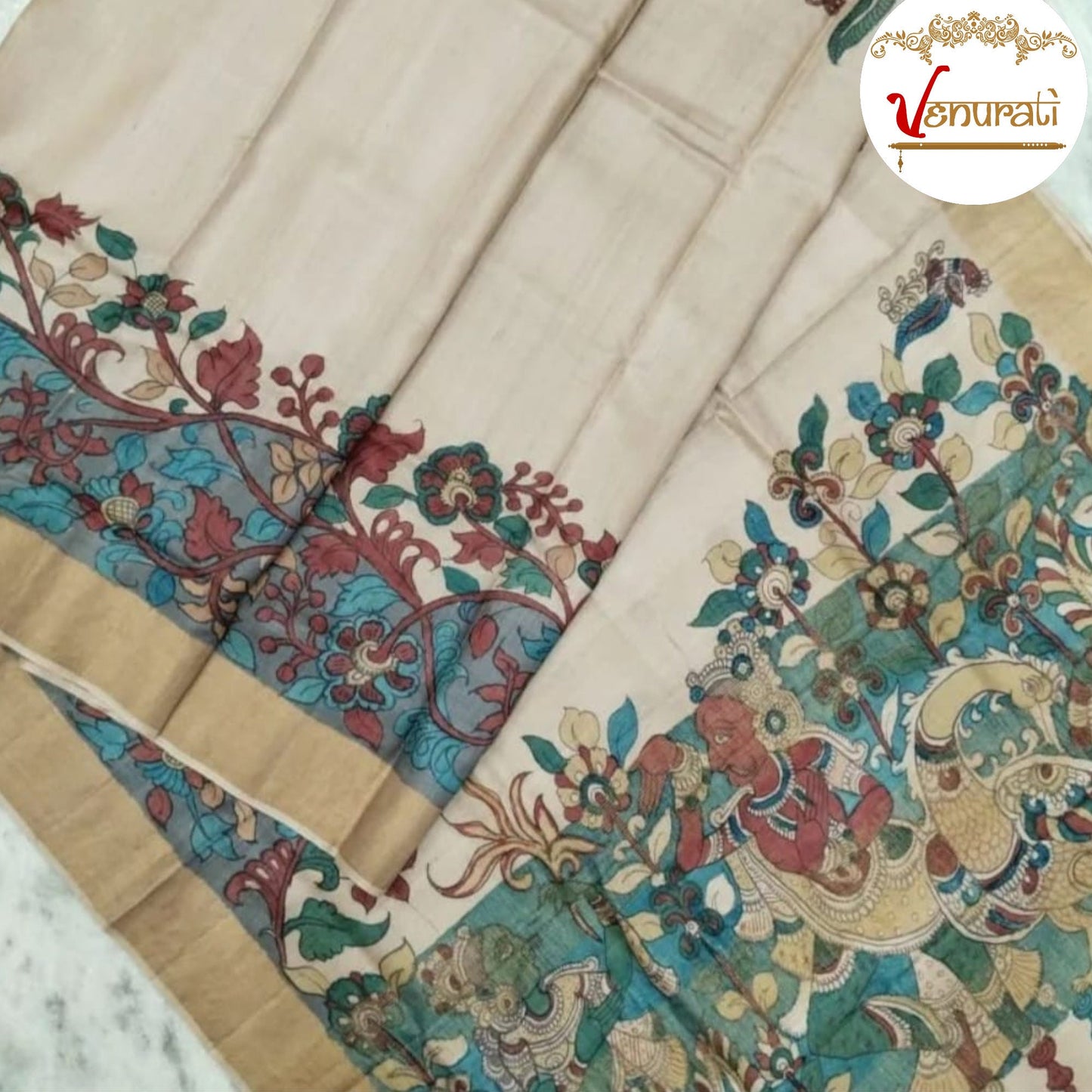 Authentic Zari Tussar Saree Kalamkari Work On Tussar Saree With Blouse Piece SILK MARK CERTIFIED