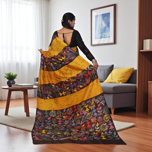 Pure Silk Saree With Blouse Piece, Authentic Murshidabad Silk Saree with Silk mark Tag, Batik Paint Silk Saree, Handmade Silk Sari for Women