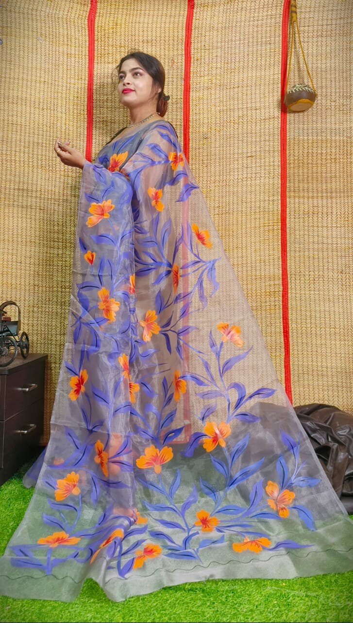 Hand Painted Organza Saree Bollywood Saree Party Wear Saree Indian Wedding Saree, Designer Organza Saree, Transparent Saree