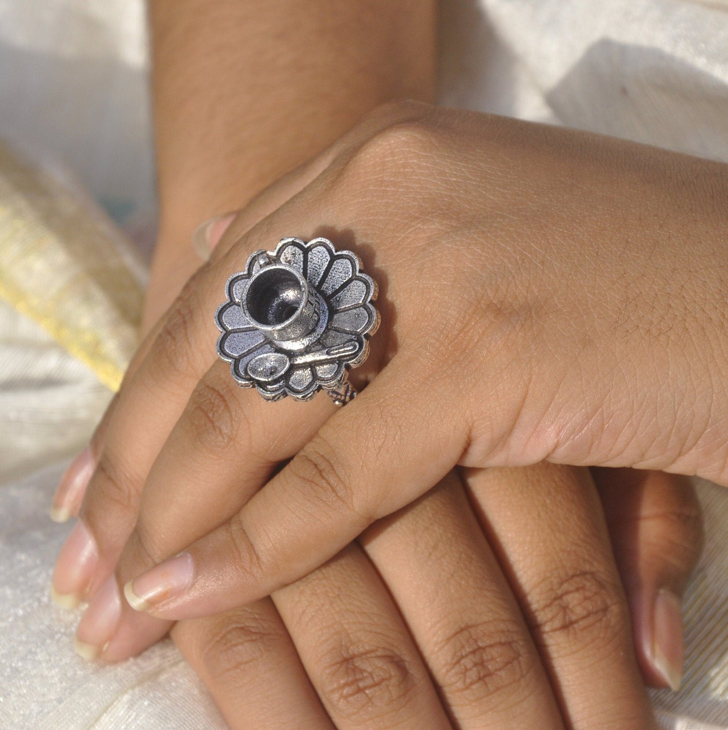 Ethnic Oxidized Tea Cup Plate Finger Ring for Women's , Mothers Day Gift