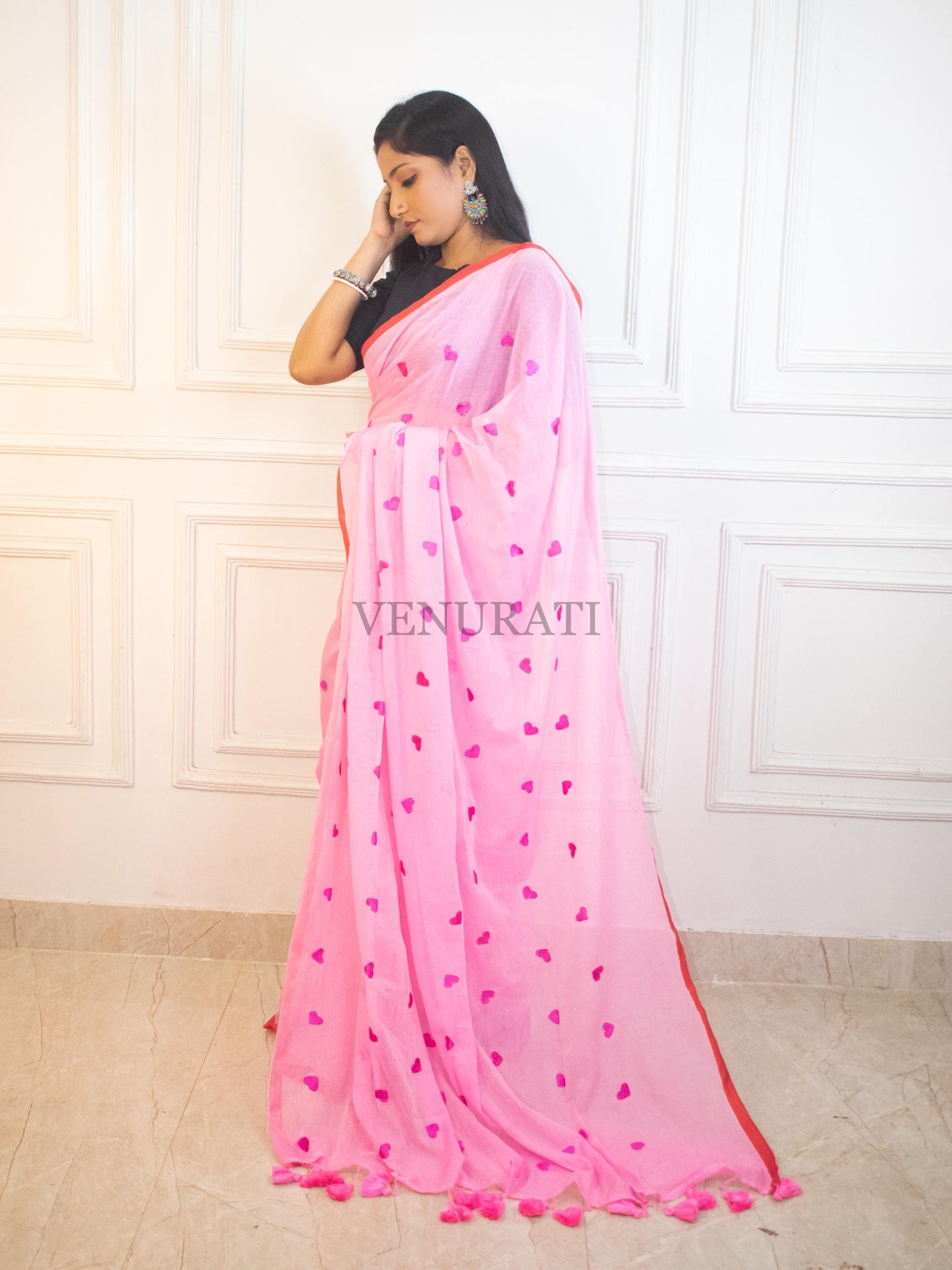 Soft Mulmul Cotton Handloom Saree for All Season, Embroidered Cotton Saree with Pompom, Pink Cotton Saree, Gift for Durga Puja Diwali
