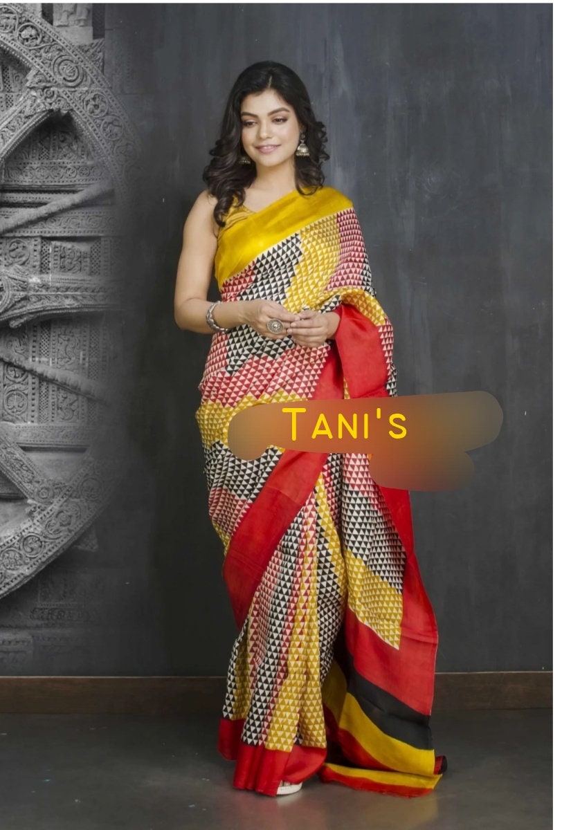 Murshidabad Silk Saree Designer Block Print Pure Handloom Soft Murshidabadi Silk Sari With Blouse Piece | Gift For Durga puja, Anniversary