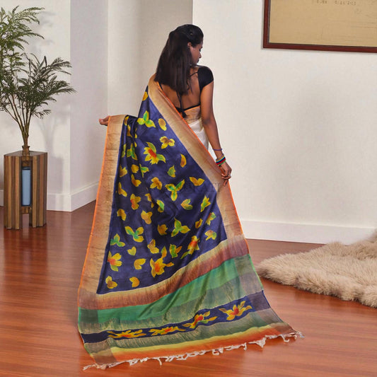 Pure Silk Saree With Blouse Piece, Authentic Zari Tussar Silk Saree with Silk mark, Hand Paint Silk Saree, Tassar Silk Sari for Women
