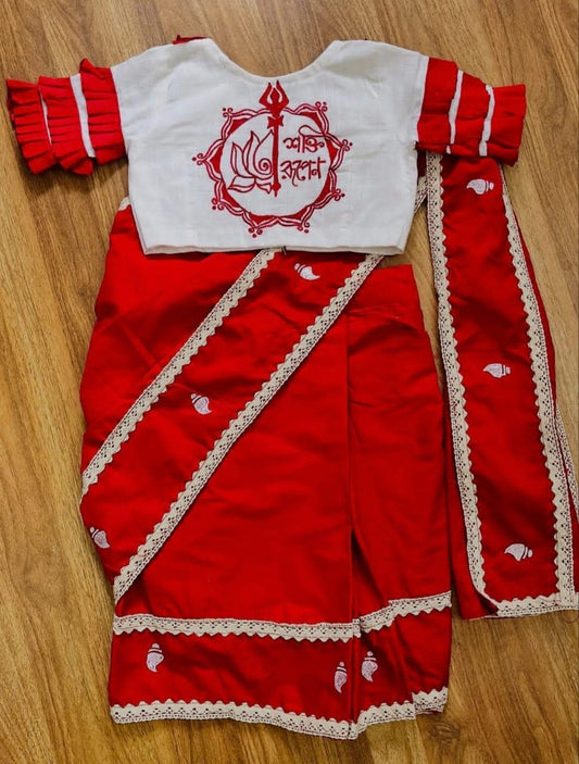 Traditional Ethnic Bengali Saree For Baby Girls, Ready Saree and Blouse for Kids, Pure Cotton Saree for Baby Girls, Ready to Wear Saree
