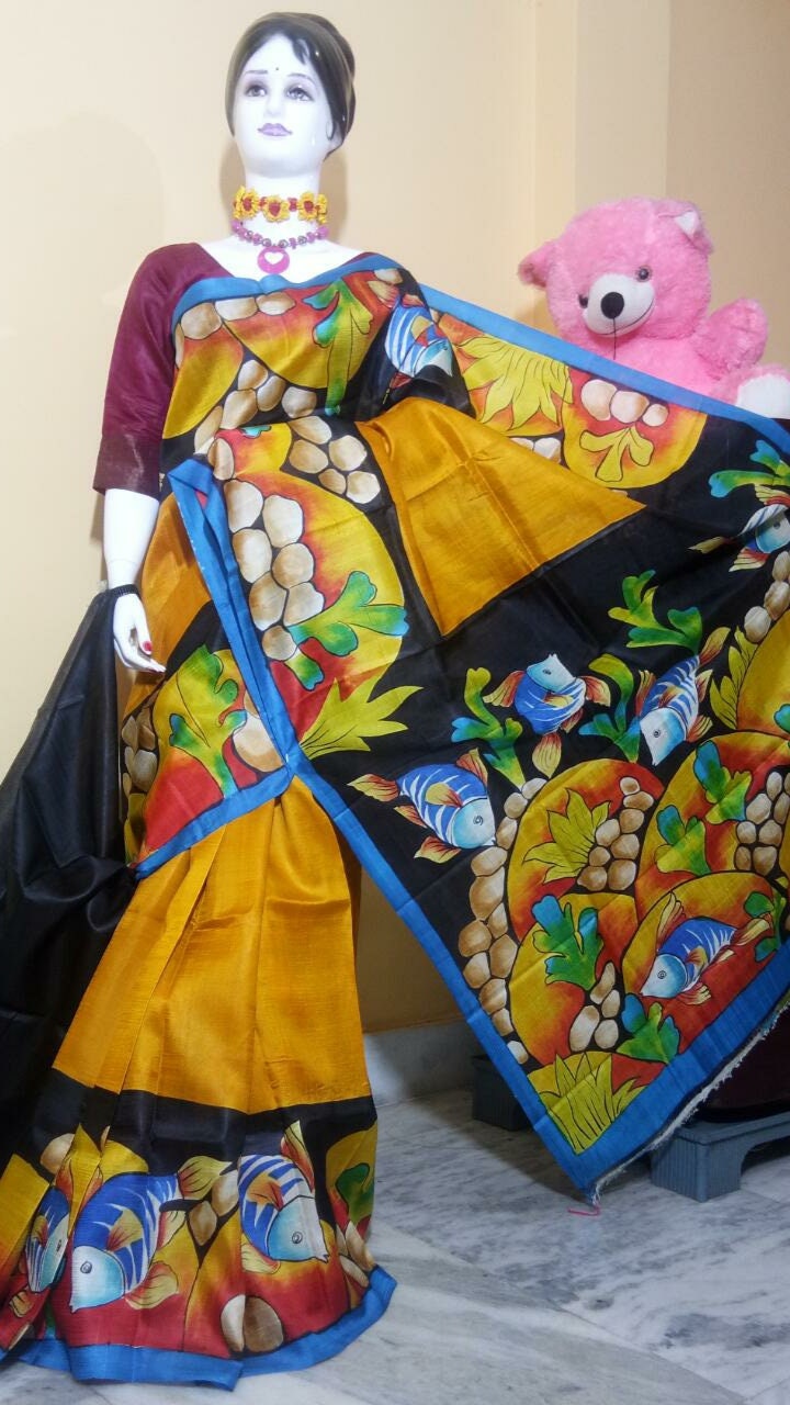 Authentic Murshidabad Silk Saree All Over Hand Paint Work Pure Handloom Soft Murshidabadi Silk Sari With Blouse Piece | Gift For Anniversary