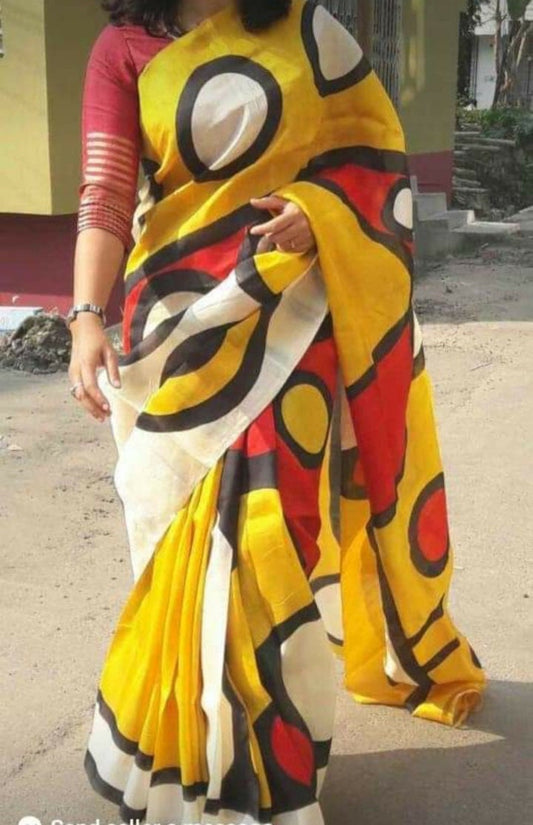 Authentic Murshidabad Silk Saree All Over Hand Paint Work Pure Handloom Soft Murshidabadi Silk Sari With Blouse Piece | Gift For Durga Puja