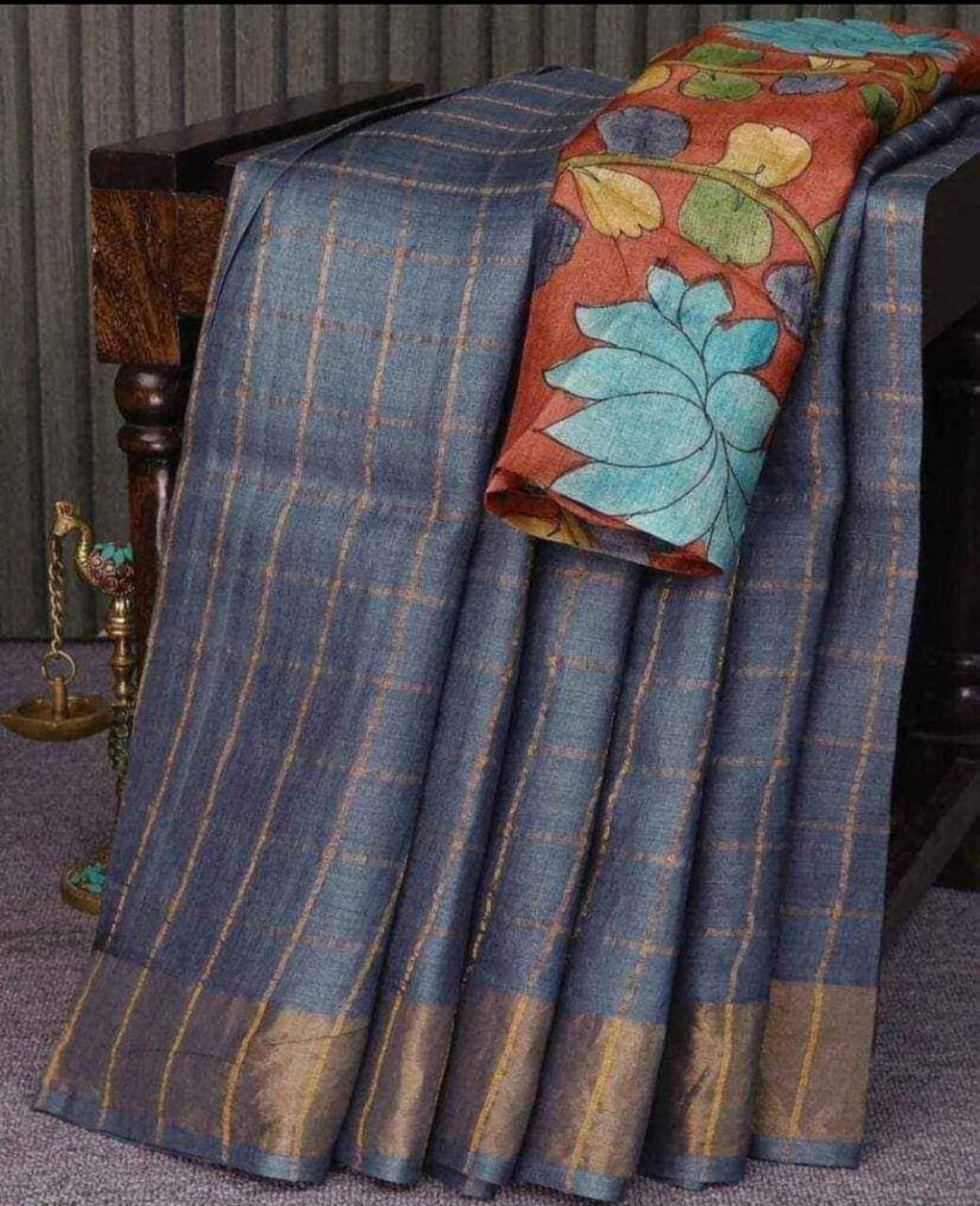Authentic Check Tussar Saree Beautiful Pallu With Hand Painted Kalamkari Work Blouse Piece SILK MARK CERTIFIED Pure Silk Saree Tussar Silk