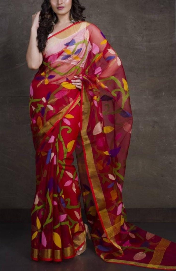 VENURATI Exclusive Handmade Muslin Jamdani Saree with Blouse Piece, Handwoven Dhakai Jamdani Maslin Saree, Transparent Jamdani Sari