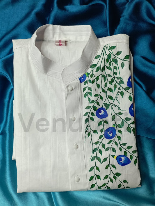 Hand painted Pure Cotton Kurta for Men's, Indian Style Men's Kurta, Handpaint Punjabi for Mens, Gift for Boyfriend