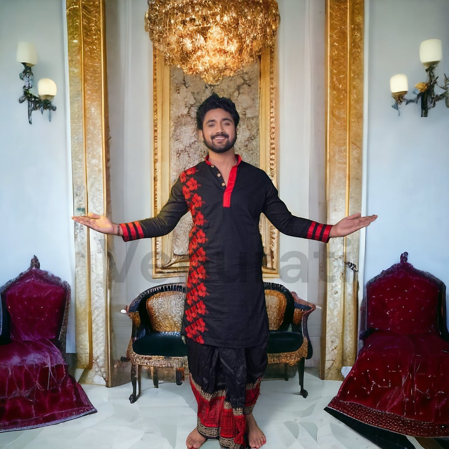 Designer Saree And Punjabi Couple Set With Embroidery work Pure Cotton Mens Kurta Authentic Cotton Saree With Blouse