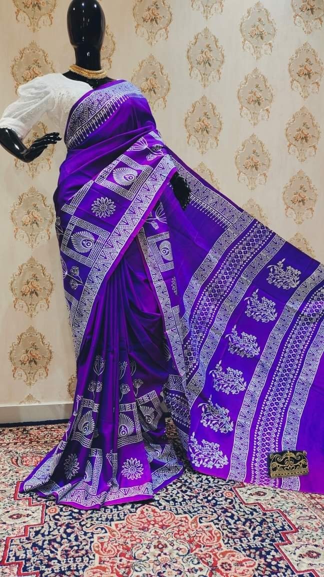 Authentic Bishnupuri Silk Saree Block Print Dual Tone Katan Silk Saree With Silk Mark Silk Saree With Blouse Piece