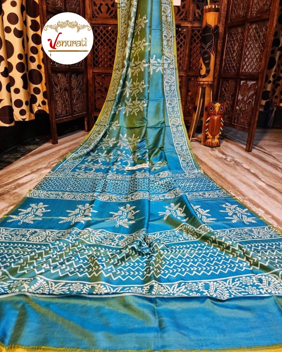 Authentic Bishnupuri Silk Saree Block Print Dual Tone Katan Silk Saree With Silk Mark Silk Saree With Blouse Piece