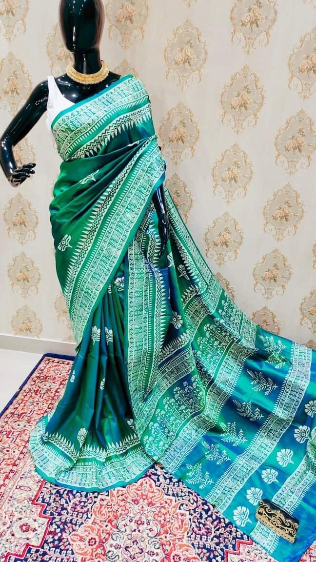 Authentic Bishnupuri Silk Saree Block Print Dual Tone Katan Silk Saree With Silk Mark Silk Saree With Blouse Piece