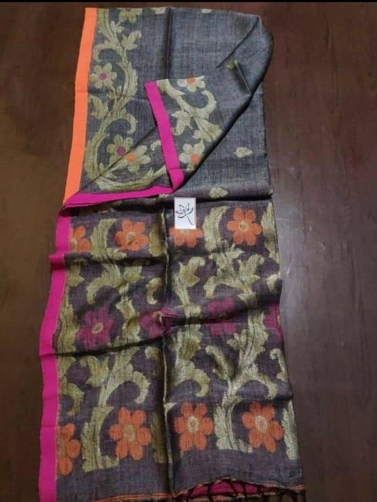 VENURATI Exclusive Organic Linen By Linen Jamdani Saree With Blouse Piece, Handloom Soft 100 Count Linen Jamdani Saree, Authentic Linen Sari