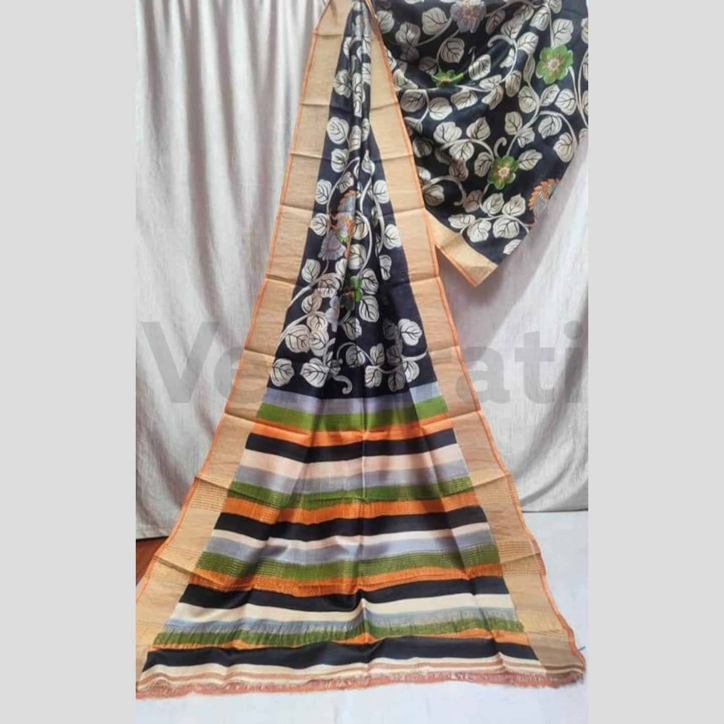 Hand-Painted Jari Tussar Kalamkari Saree, Pure Silk Saree with Silkmark