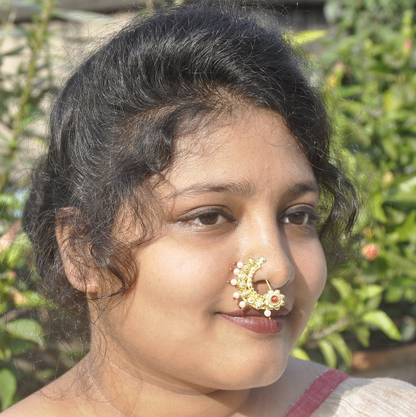 Marathi Nose Pin, Golden False Nose Pin White Stone | Bollywood | Clip on Nose ring | Indian Traditional Bridal Nath | Mothers Day Gift