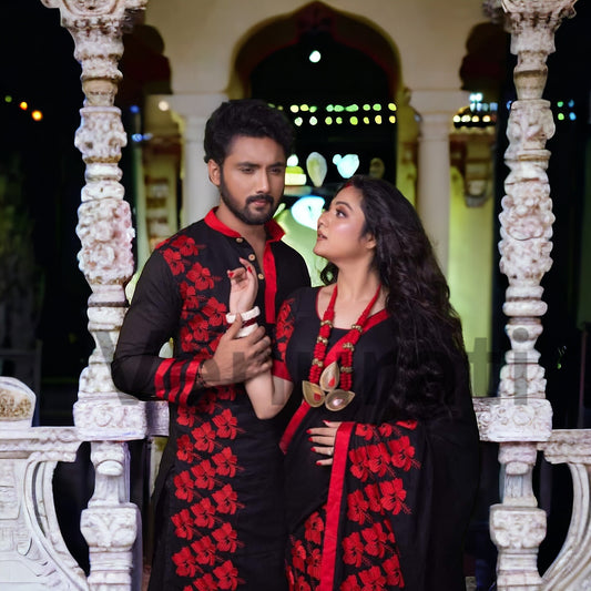 Designer Saree And Punjabi Couple Set With Embroidery work Pure Cotton Mens Kurta Authentic Cotton Saree With Blouse