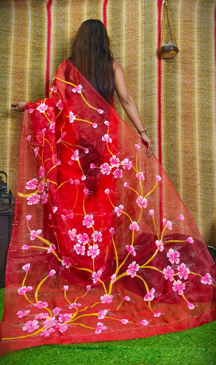 Hand Painted Organza Saree Bollywood Saree Party Wear Saree Indian Wedding Saree, Designer Organza Saree, Transparent Saree