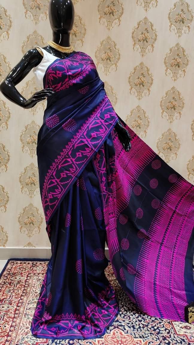 Authentic Bishnupuri Silk Saree Block Print Dual Tone Katan Silk Saree With Silk Mark Silk Saree With Blouse Piece