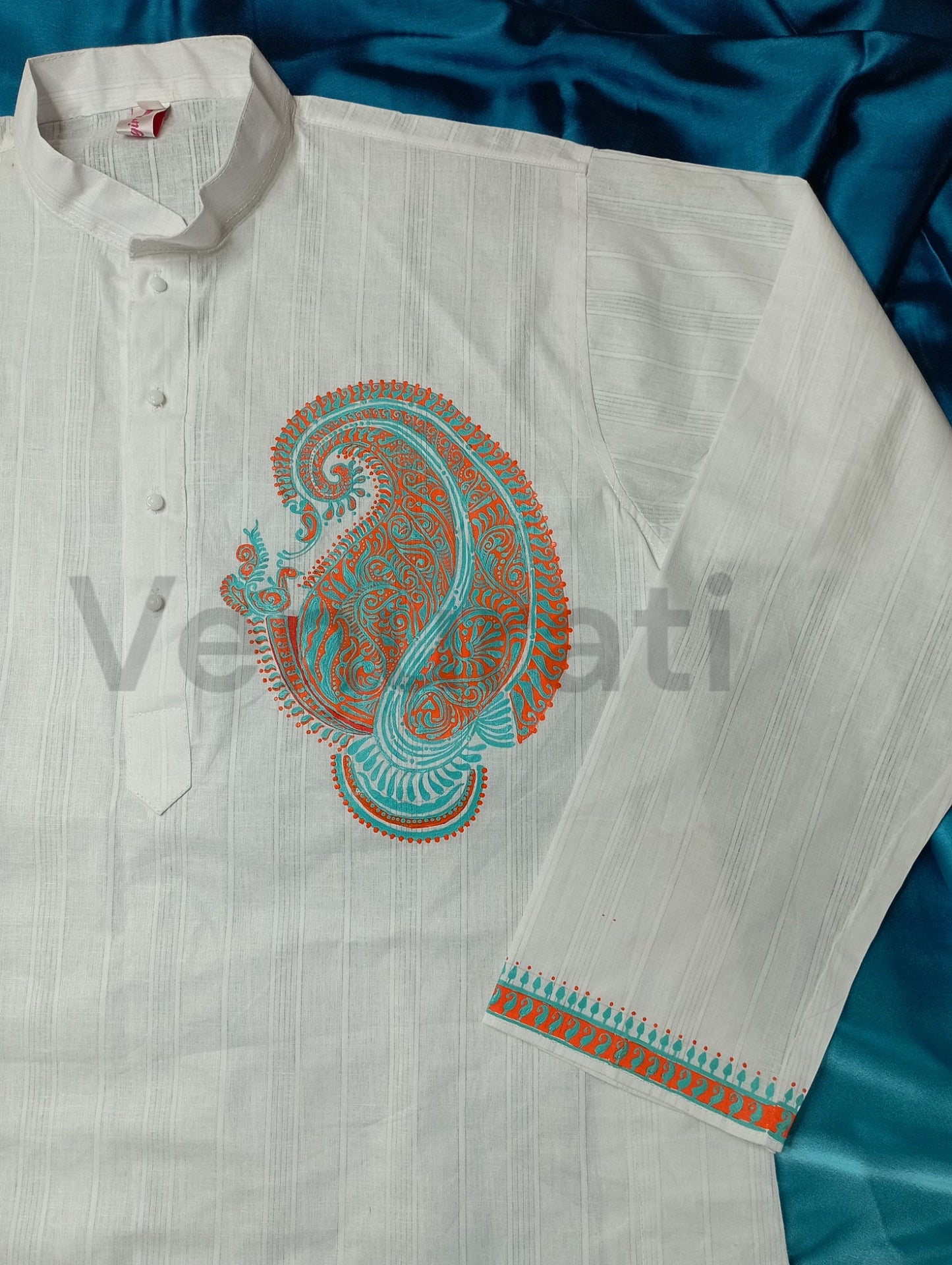 Hand painted Pure Cotton Kurta for Men's, Indian Style Men's Kurta, Handpaint Punjabi for Mens, Gift for Dad