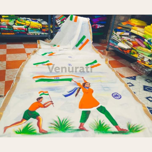 Tri Color Kerala Cotton Saree for Indian Independence Day, Tiranga Saree for 15th August, Soft Cotton Saree, Hand Painted Cotton Saree