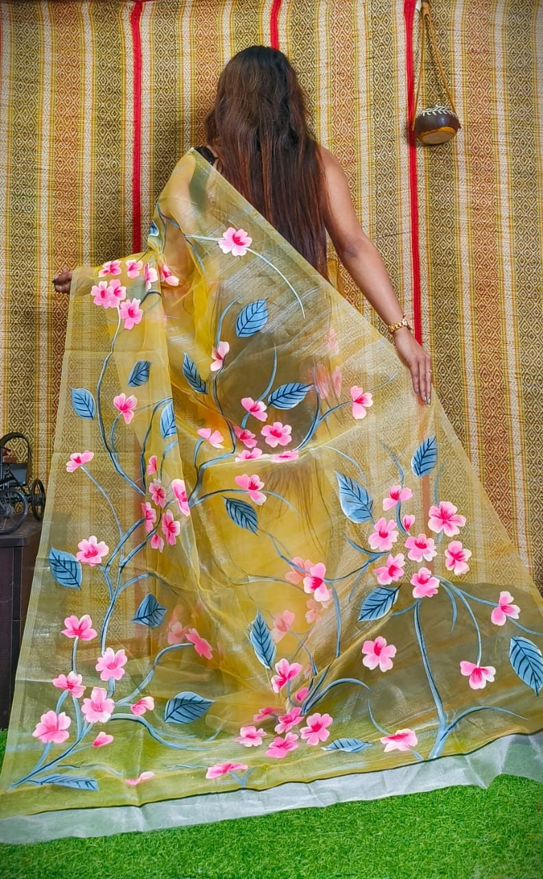 Hand Painted Multicolour Organza Saree, Bollywood Style Party Wear Indian Wedding Saree, Designer Organza Saree, Transparent Saree