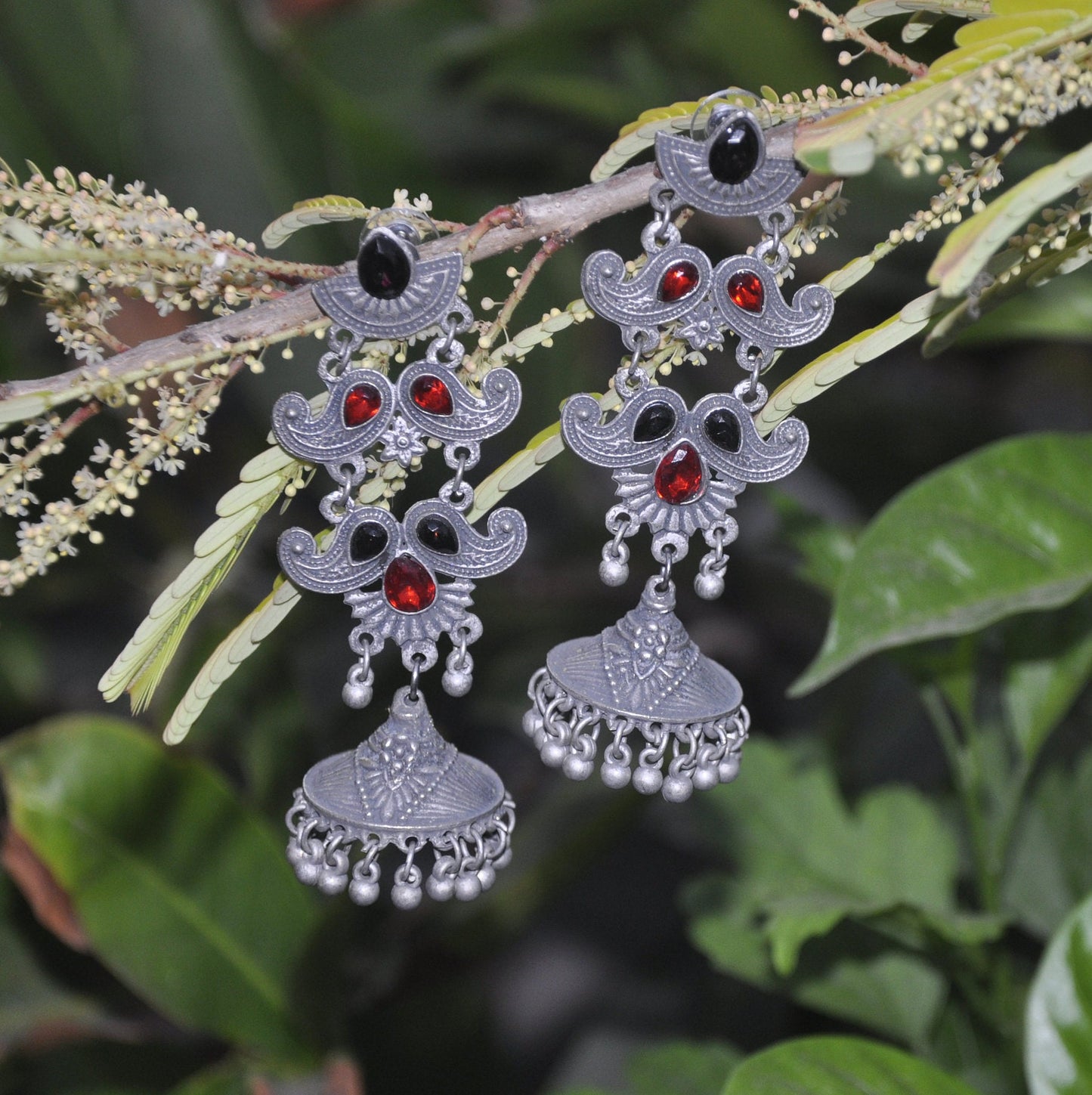 Silver Cherry - Ethnic Black Polish Jhumka Earrings , Red and Black Stone Earring for Womens | Gift for Women | Mothers Day Gift