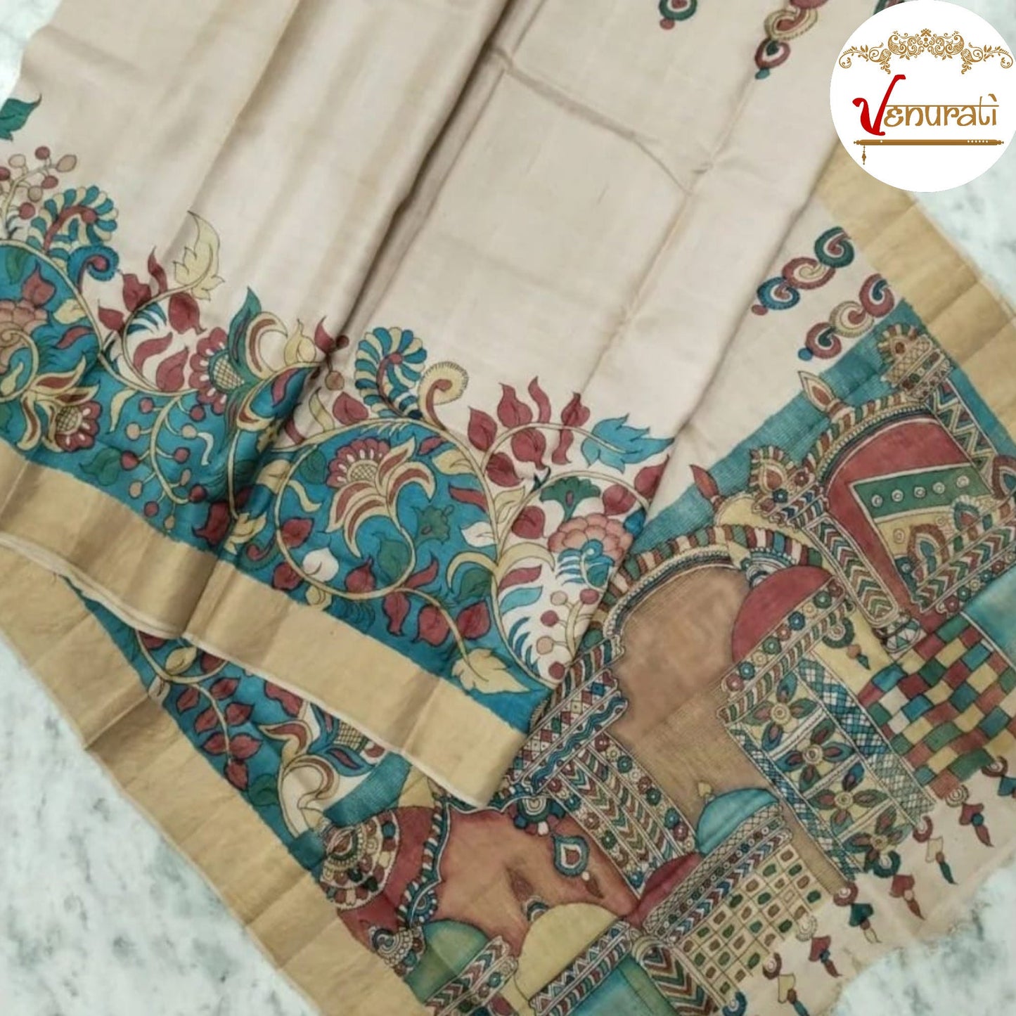 Authentic Zari Tussar Saree Kalamkari Work On Tussar Saree With Blouse Piece SILK MARK CERTIFIED