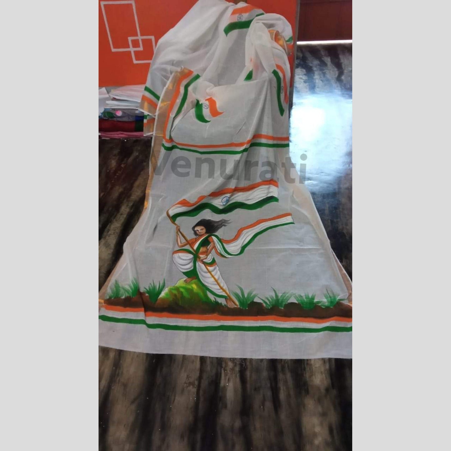 Tri Color Kerala Cotton Saree for Indian Independence Day, Tiranga Saree for 15th August, Soft Cotton Saree, Hand Painted Cotton Saree