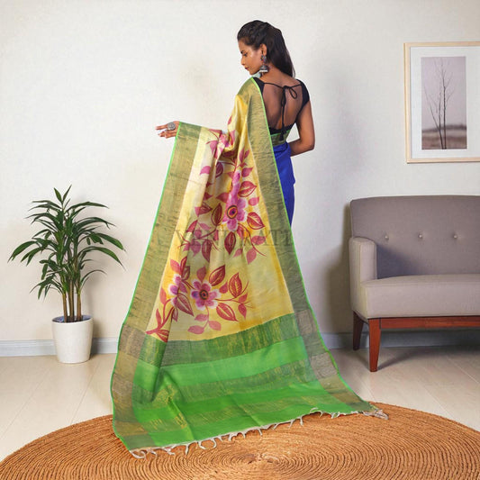 Silk Saree With Blouse Piece, Authentic Zari Tussar Silk Saree with Silk mark Certificate, Hand Paint Silk Saree, Tassar Silk Sari for Women