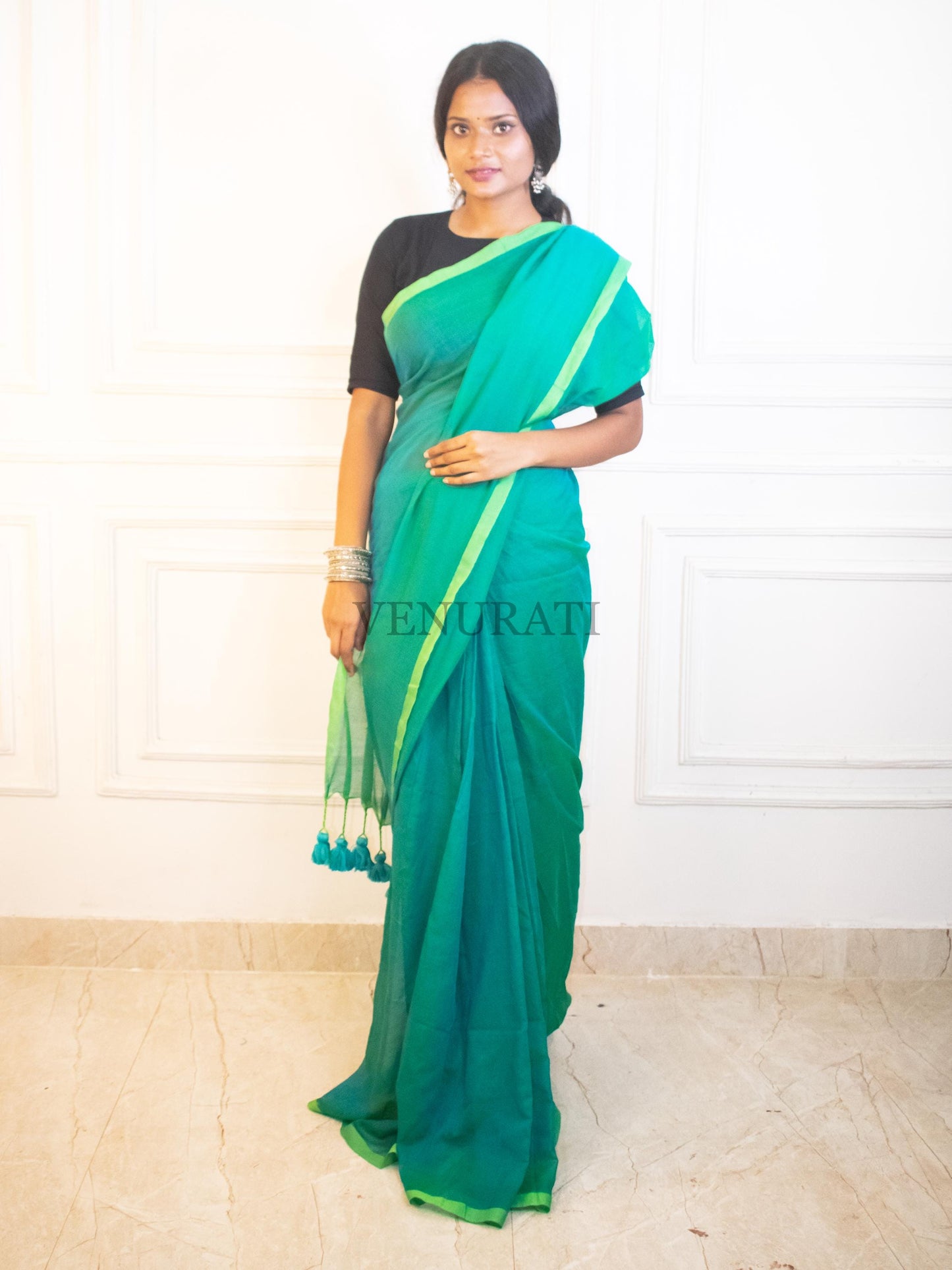 Soft Molmol Cotton Handloom Saree for All Season, Dual Tone Cotton Saree with Pompom, Sea Green Cotton Saree, Gift for Durga Puja Diwali