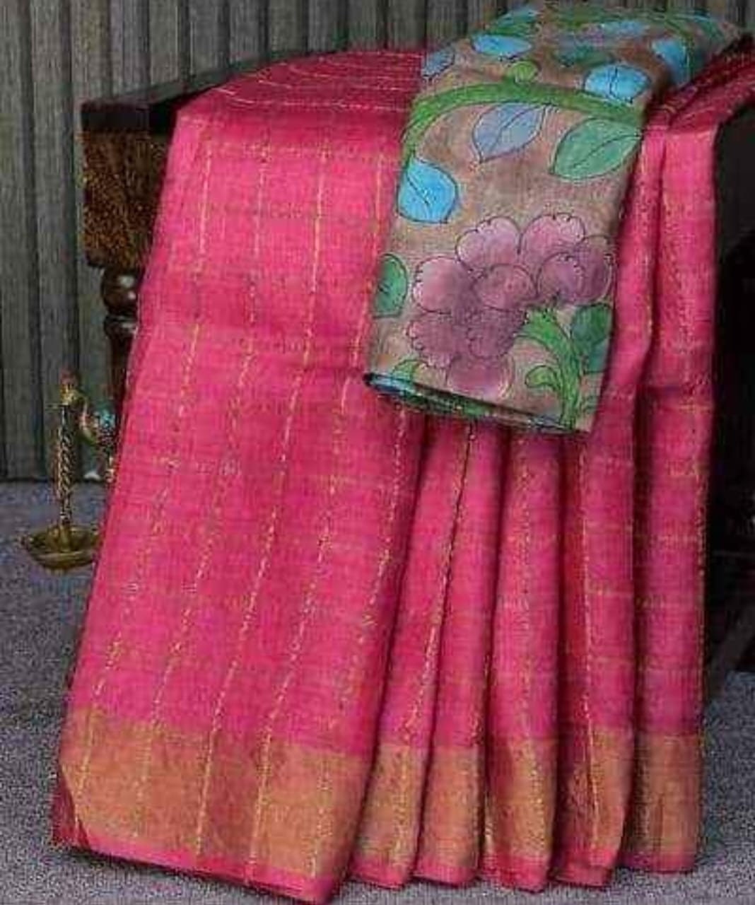 Authentic Check Tussar Saree Beautiful Pallu With Hand Painted Kalamkari Work Blouse Piece SILK MARK CERTIFIED Pure Silk Saree Tussar Silk