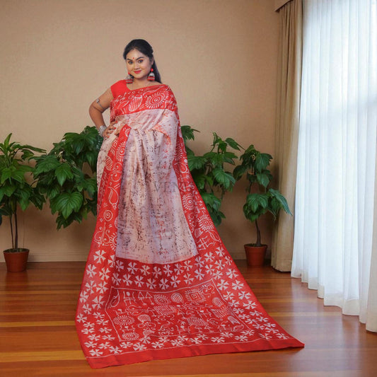 Pure Silk Saree With Blouse Piece, Authentic Murshidabad Silk Saree with Silk mark Tag, Batik Paint Silk Saree, Handmade Silk Sari for Women