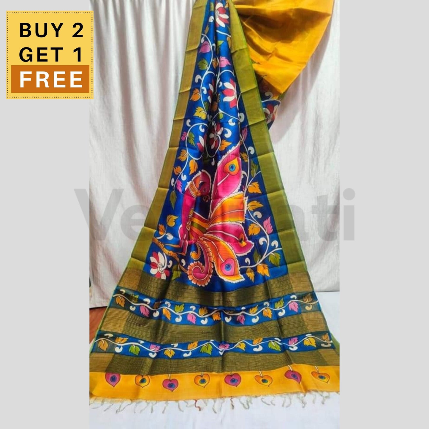 Pure Silk Saree with Silk Mark, Hand Painted Jari Tussar Kalamkari Saree, Authentic Tussar Silk Saree, Gift for Diwali, Christmas, Birthday